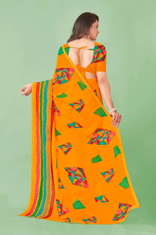 Vibrant_Orange_Saree_With_Geometric_Applique_Work_And_Striped_Border