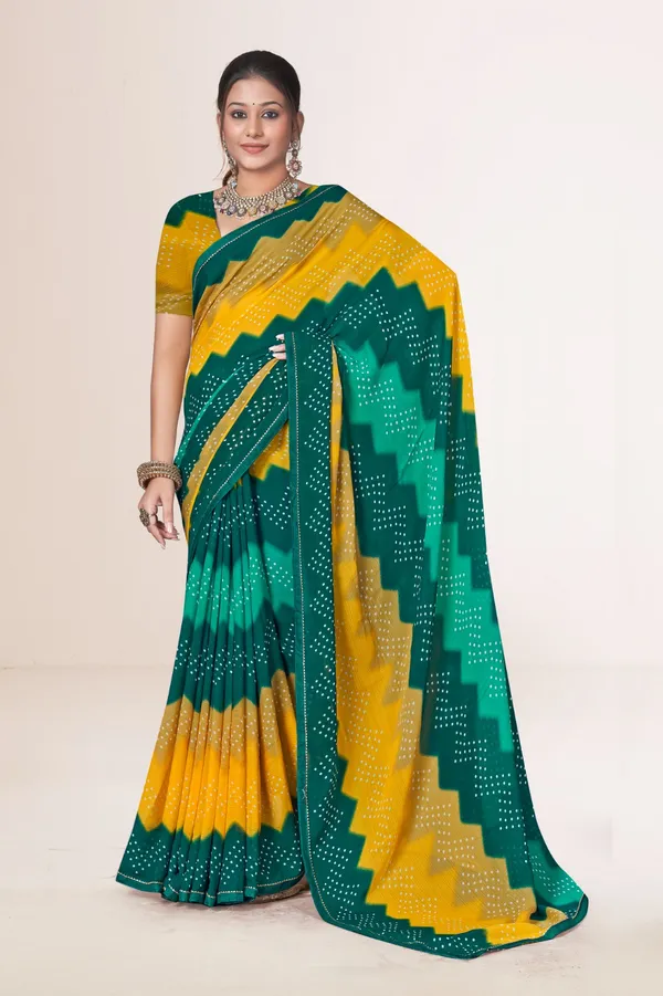 Yellow_And_Green_Bandhani_Saree_With_Blouse