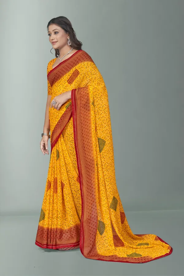Yellow_Bandhani_Print_Saree_With_Red_Border_And_Blouse