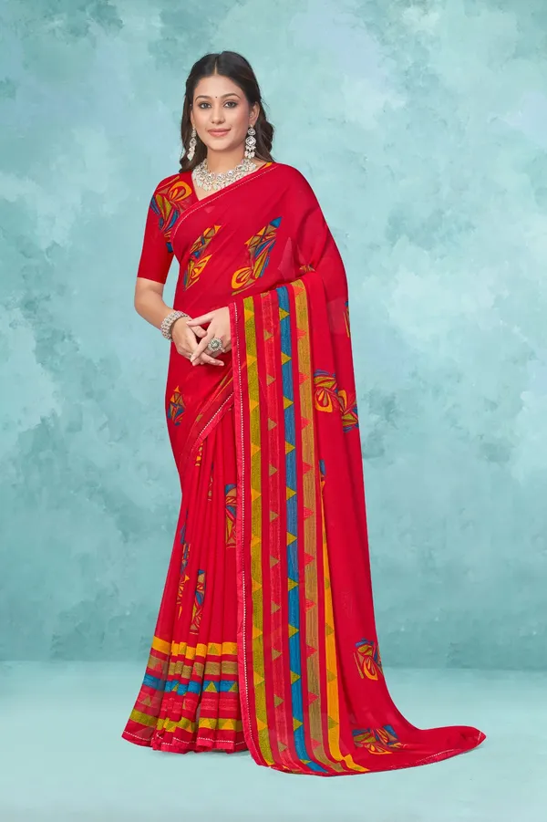 Vibrant_Red_Printed_Saree_With_Colorful_Border_And_Matching_Blouse