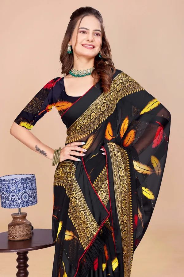 Black_Feather_Print_Saree_With_Golden_Border