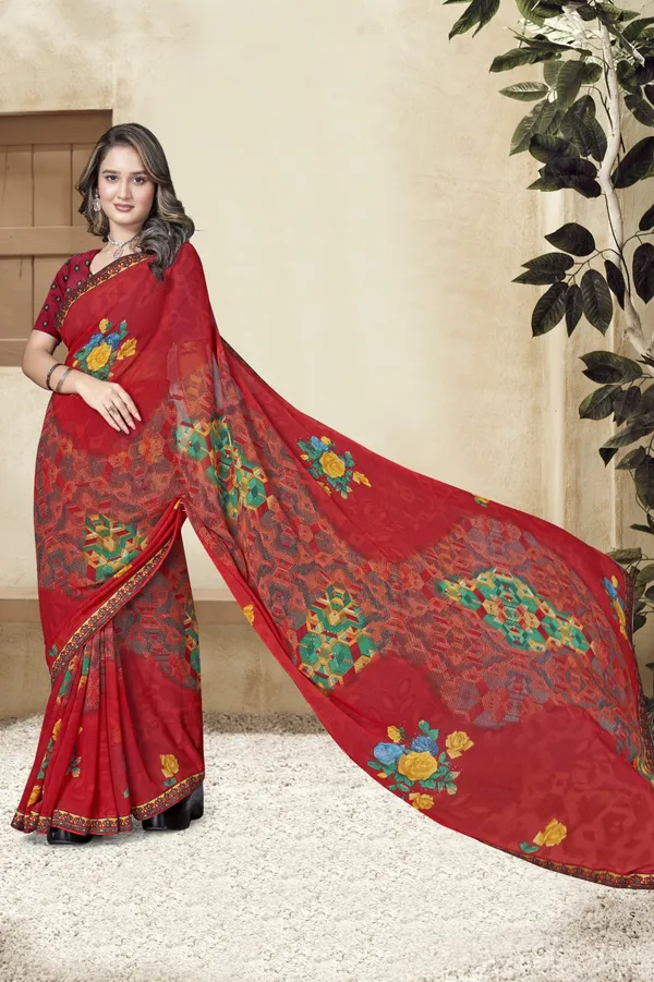 Red_Floral_Printed_Georgette_Saree_With_Embellished_Border