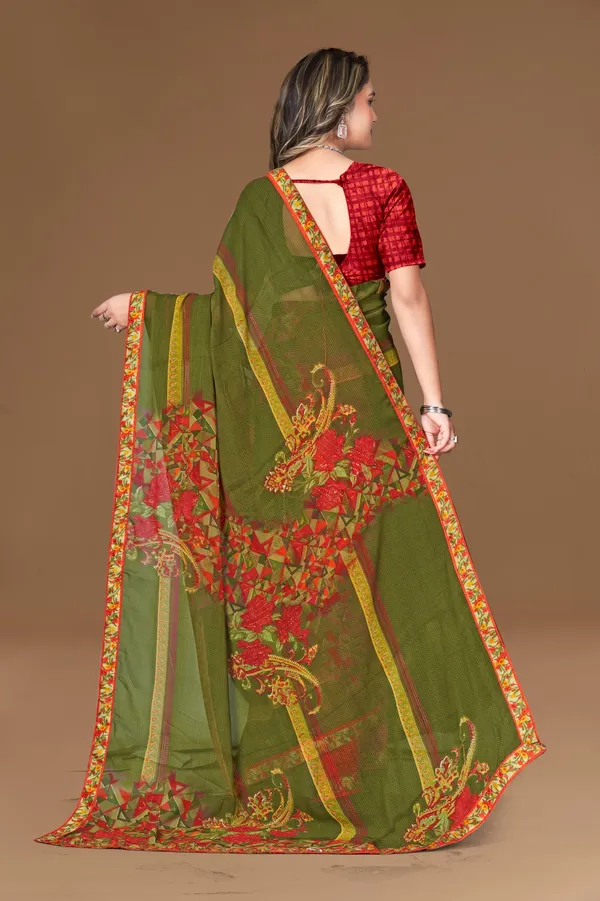 Olive_Green_Saree_With_Floral_Print_And_Red_Blouse