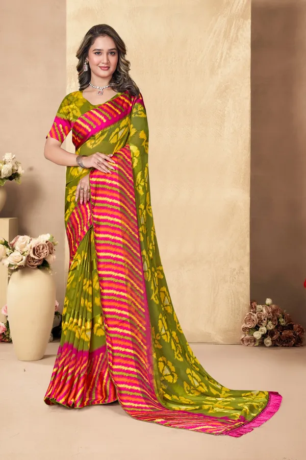 Vibrant_Green_And_Pink_Floral_Print_Saree_With_Striped_Border