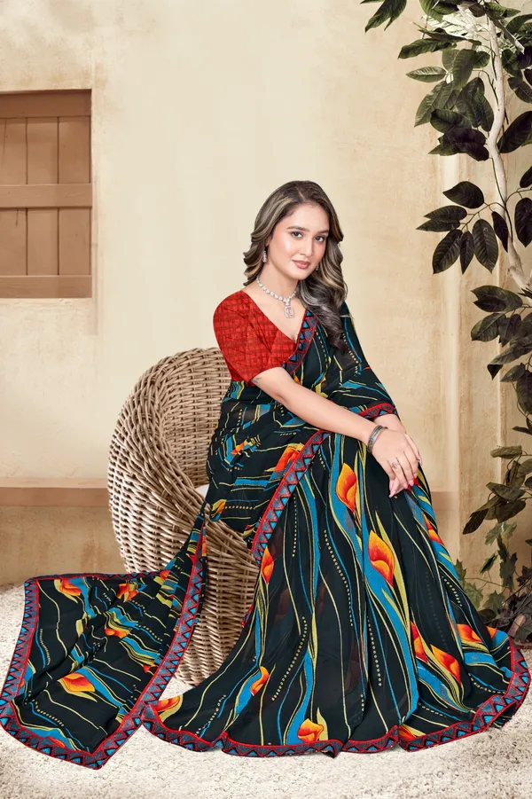 Black_Printed_Saree_With_Colorful_Wave_Pattern_And_Red_Border