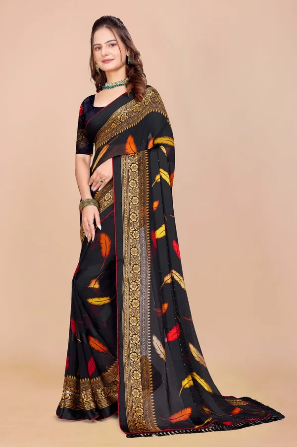 Black_Feather_Print_Saree_With_Golden_Border