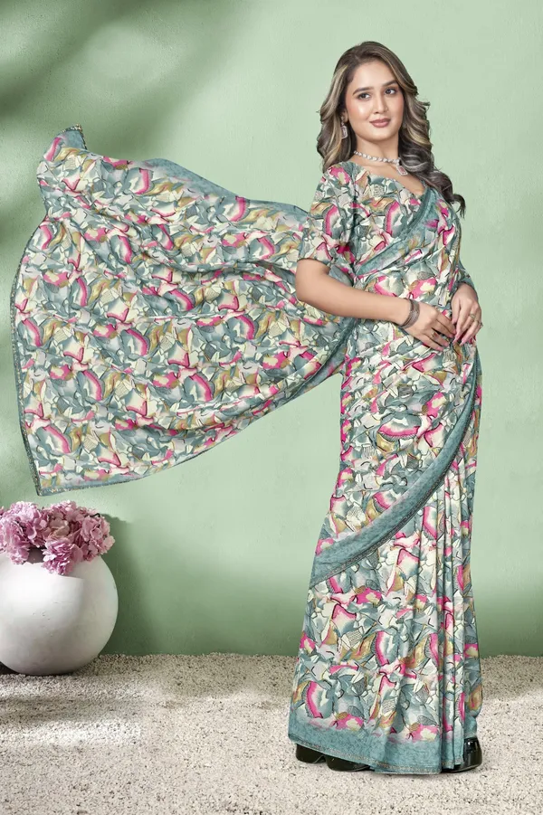 Floral_Printed_Chiffon_Saree_With_Blouse_-_Green_&_Pink