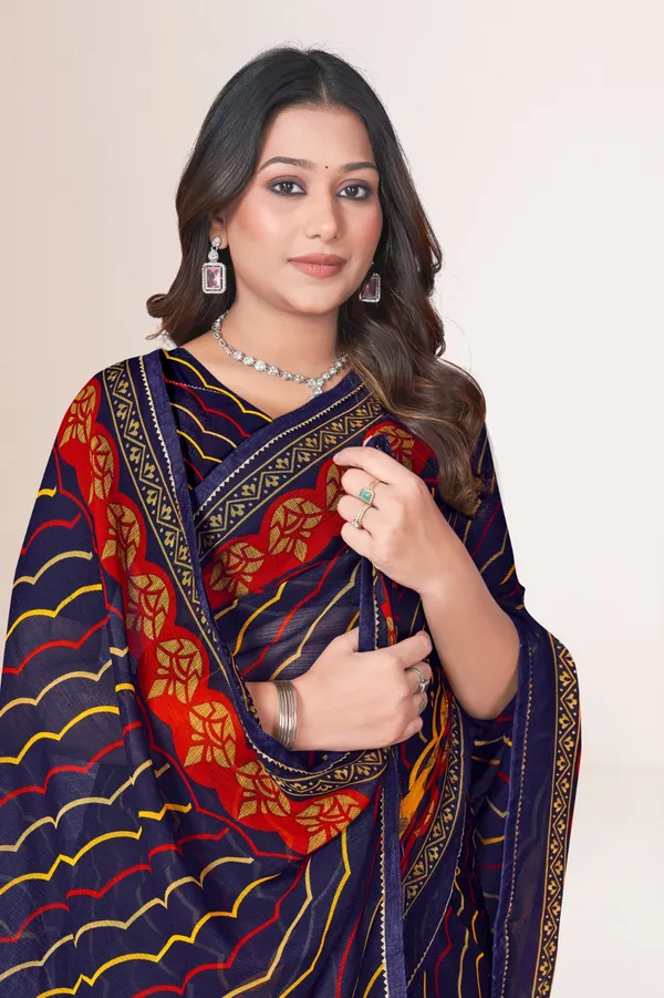 Navy_Blue_Lehariya_Print_Saree_With_Red_And_Yellow_Border