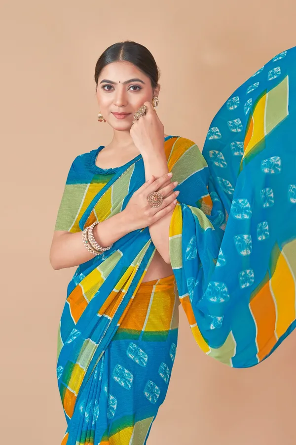 Women_Blue_Multicolor_Striped_Saree_With_Geometric_Print