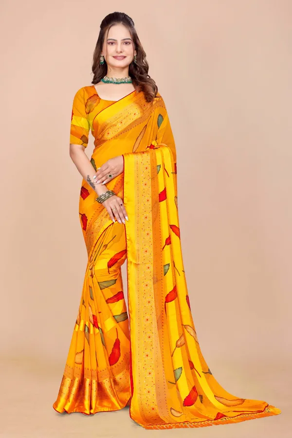 Yellow_Printed_Saree_With_Embellished_Border_And_Matching_Blouse