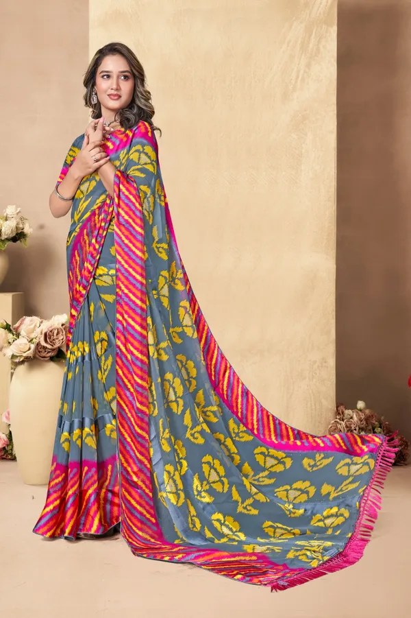 Grey_And_Yellow_Printed_Saree_With_Pink_Border