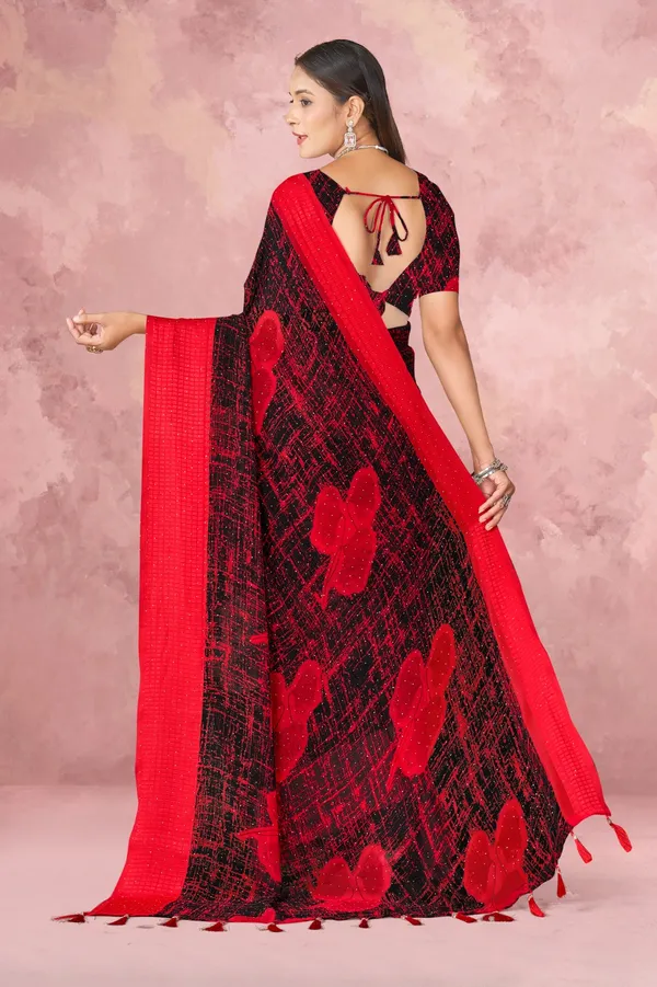 Red_And_Black_Floral_Print_Saree_With_Red_Border