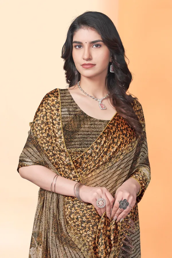 Brown_And_Gold_Printed_Saree_With_Sequin_Border_And_Tassels