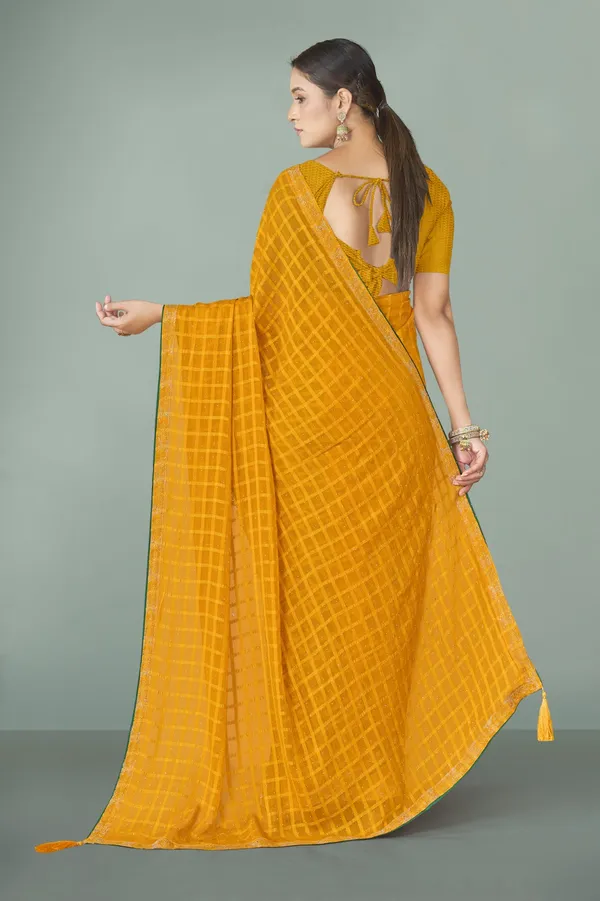Mustard_Yellow_Checkered_Chiffon_Saree_With_Blouse