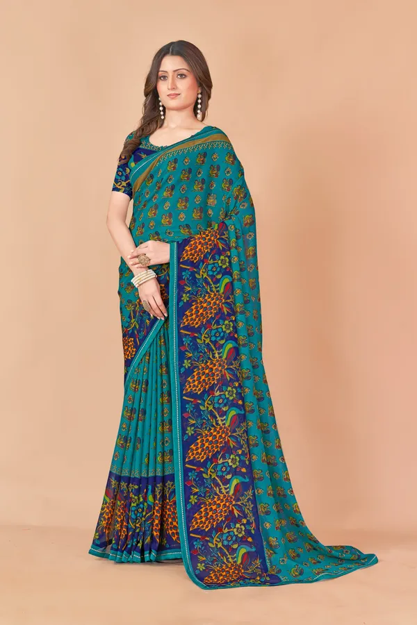 Traditional_Turquoise_And_Blue_Printed_Cotton_Silk_Saree_With_Peacock_Border