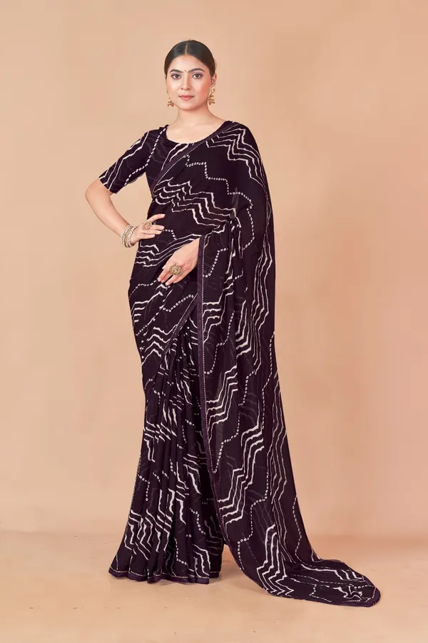 Brown_Bandhani_Print_Georgette_Saree_With_Blouse