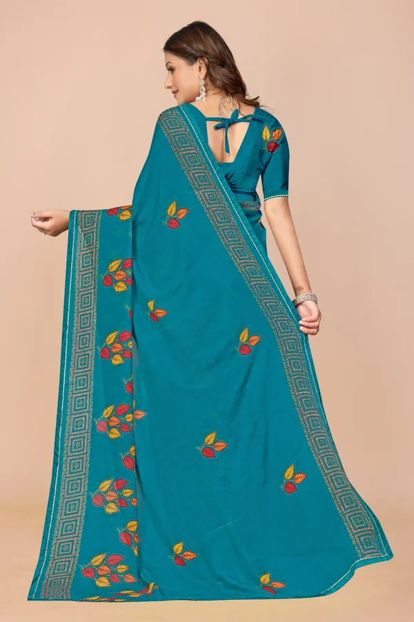 Teal_Blue_Embroidered_Floral_Saree_With_Geometric_Border