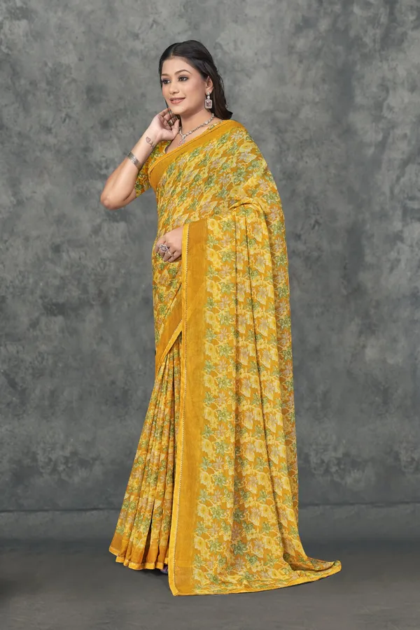 Yellow_Floral_Print_Georgette_Saree_With_Matching_Blouse