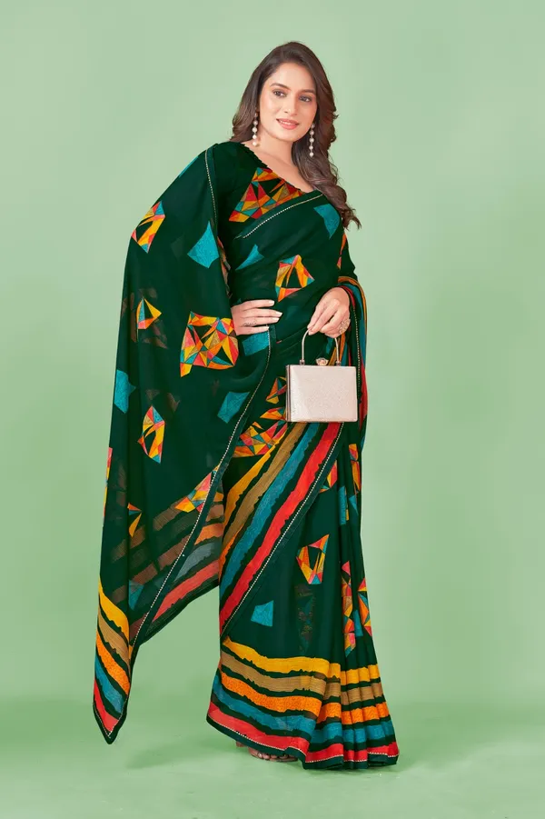 Dark_Green_Geometric_Print_Saree_With_Colorful_Border