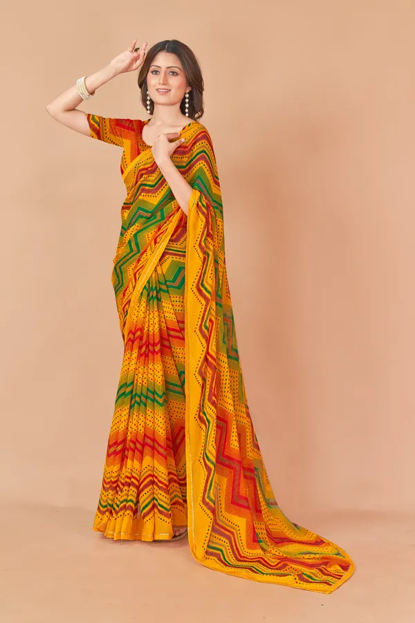 Yellow_Multicolor_Bandhani_Print_Georgette_Saree_With_Blouse