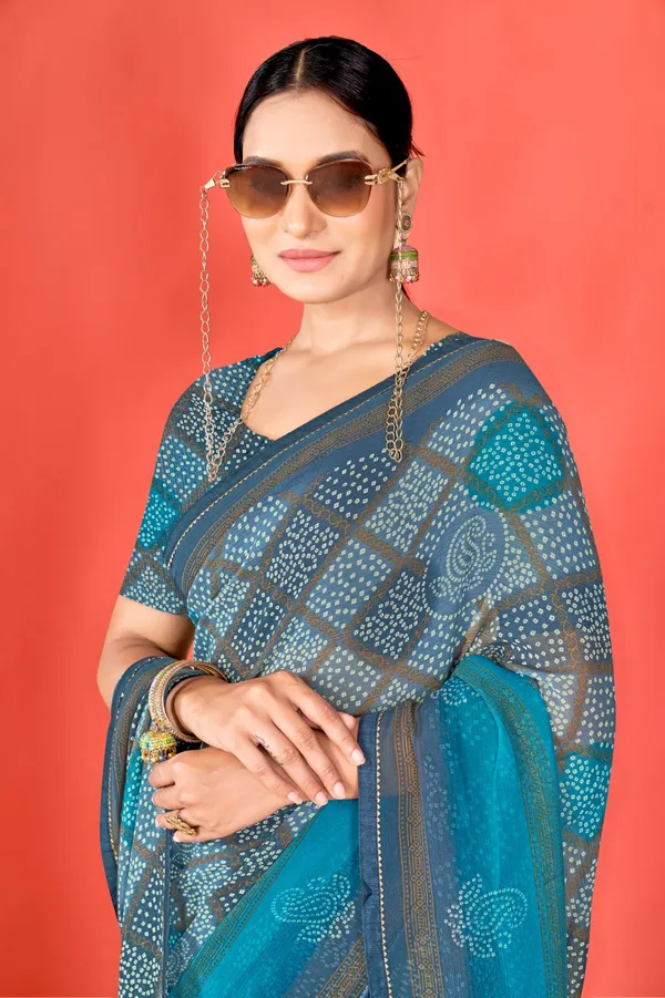 Grey_And_Teal_Bandhani_Print_Saree_With_Blouse
