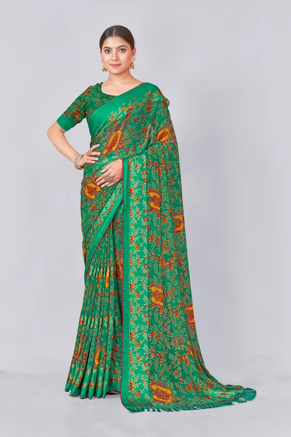 Green_Floral_Printed_Saree_With_Matching_Blouse