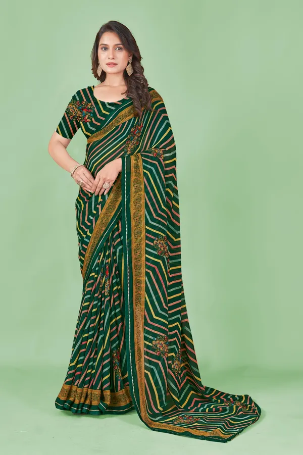 Green_And_Gold_Leheriya_Saree_With_Floral_Embroidery