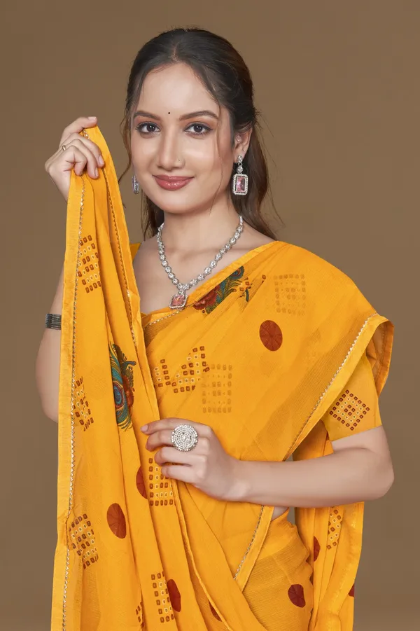 Yellow_Bandhani_Saree_With_Floral_Embroidery_And_Maroon_Polka_Dots