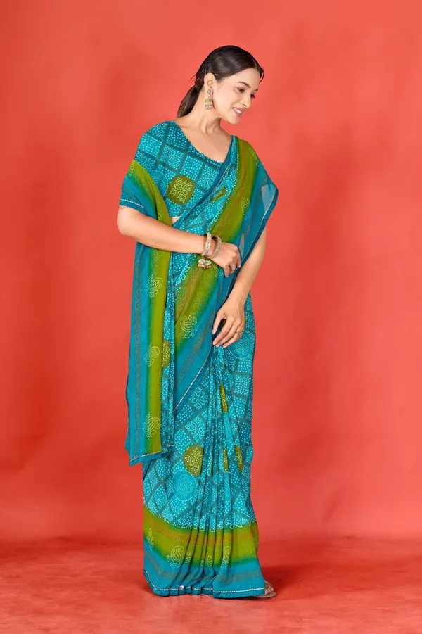Turquoise_Blue_And_Green_Bandhani_Print_Saree_With_Blouse
