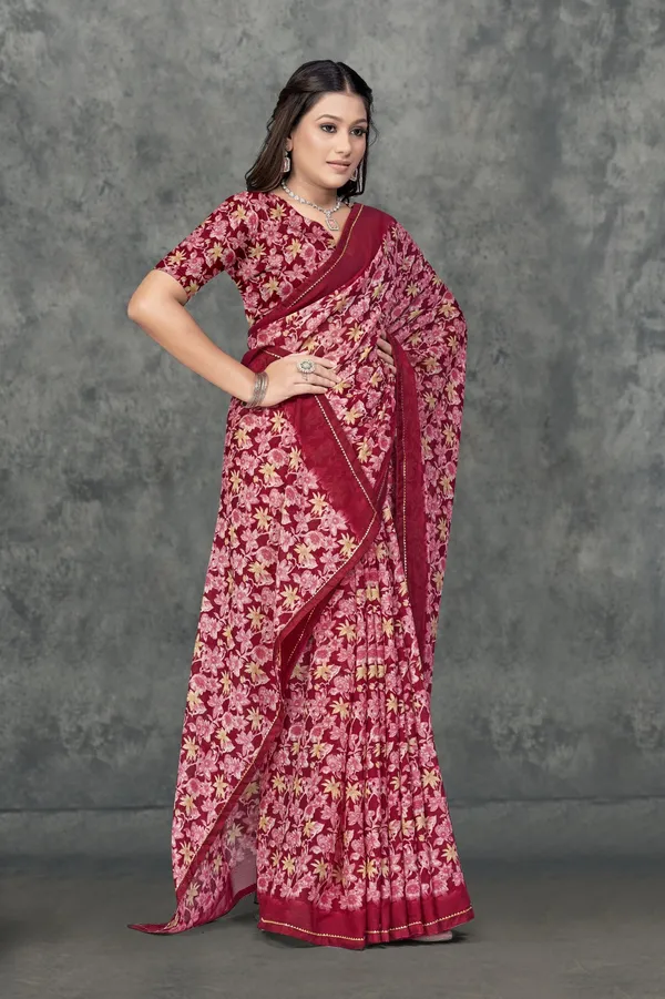 Pink_Floral_Print_Georgette_Saree_With_Maroon_Border
