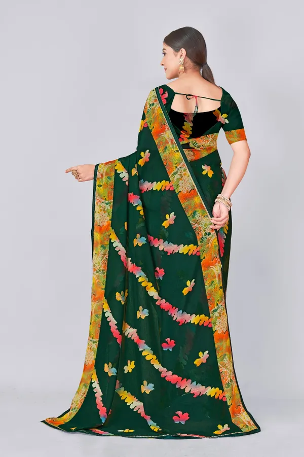 Dark_Green_Floral_Embroidered_Saree_With_Contrast_Border