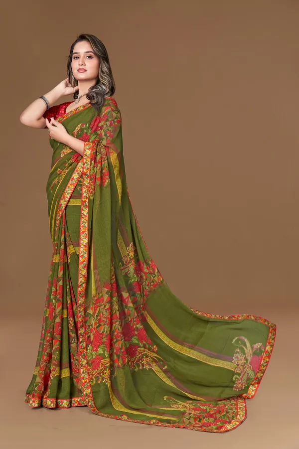 Olive_Green_Saree_With_Floral_Print_And_Red_Blouse