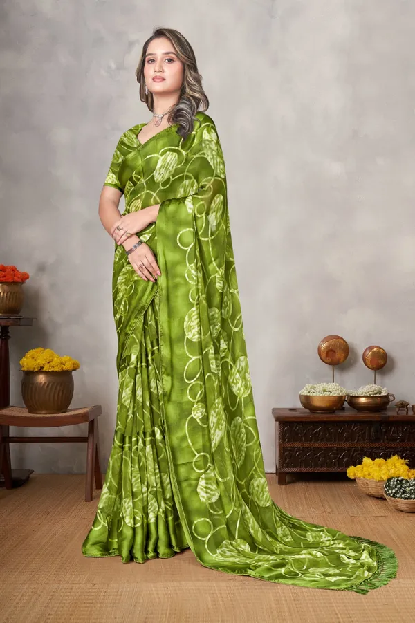 Olive_Green_Satin_Silk_Saree_With_Floral_Print