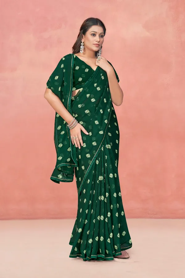 Dark_Green_Georgette_Saree_With_Gold_Zari_Buti_Work