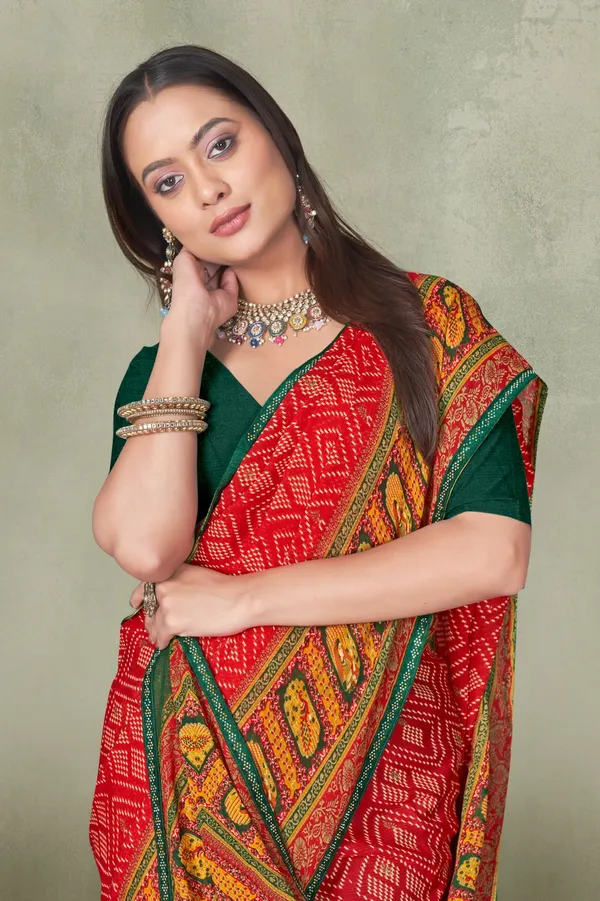 Traditional_Red_Bandhani_Saree_With_Green_Blouse