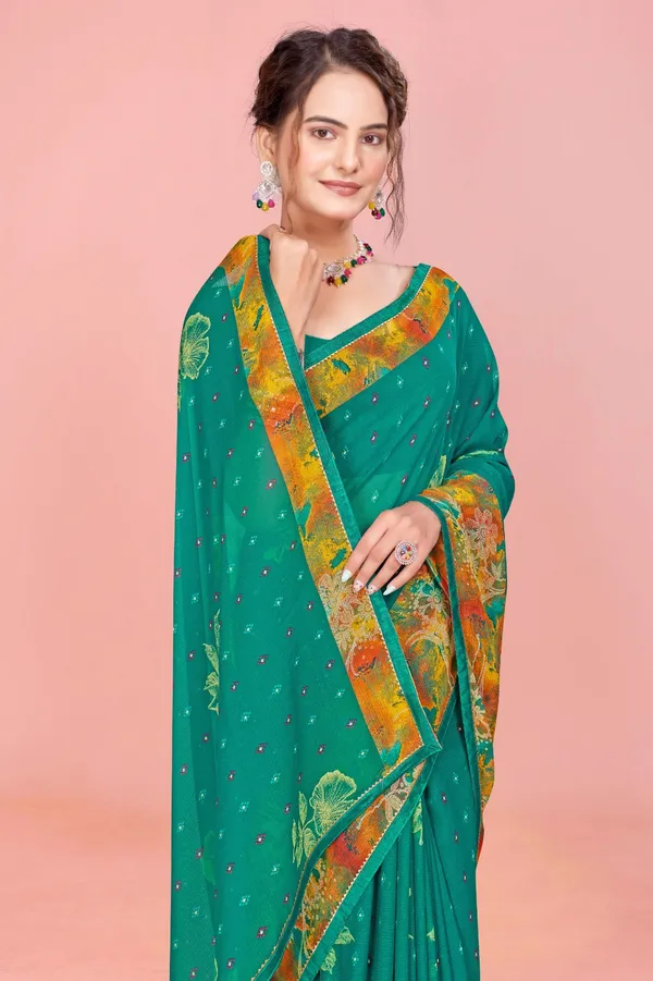 Teal_Green_Georgette_Saree_With_Floral_Border_And_Sequin_Embellishments