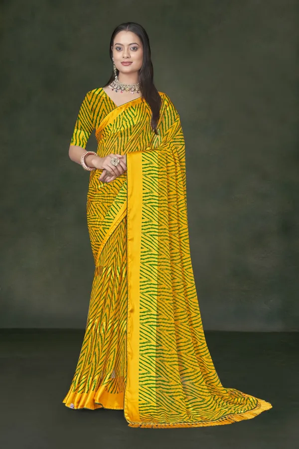 Yellow_And_Green_Bandhani_Print_Georgette_Saree_With_Ruffled_Border