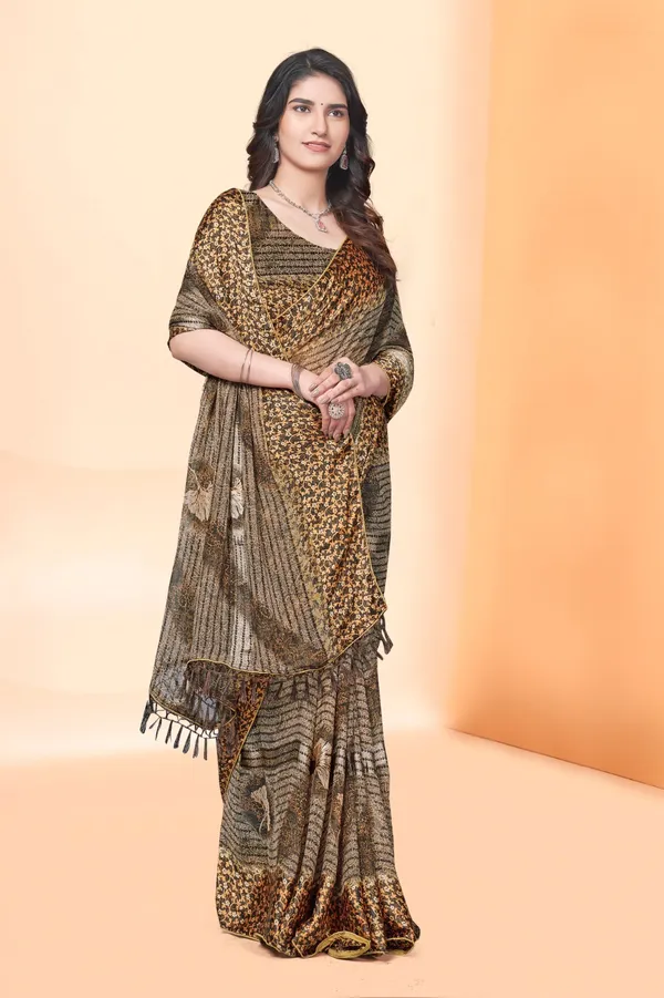 Brown_And_Gold_Printed_Saree_With_Sequin_Border_And_Tassels