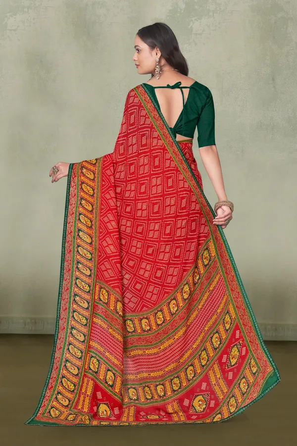 Traditional_Red_Bandhani_Saree_With_Green_Blouse