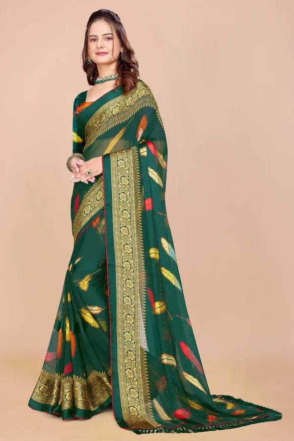 Green_Silk_Saree_With_Golden_Zari_Border_And_Colorful_Ikat_Motifs