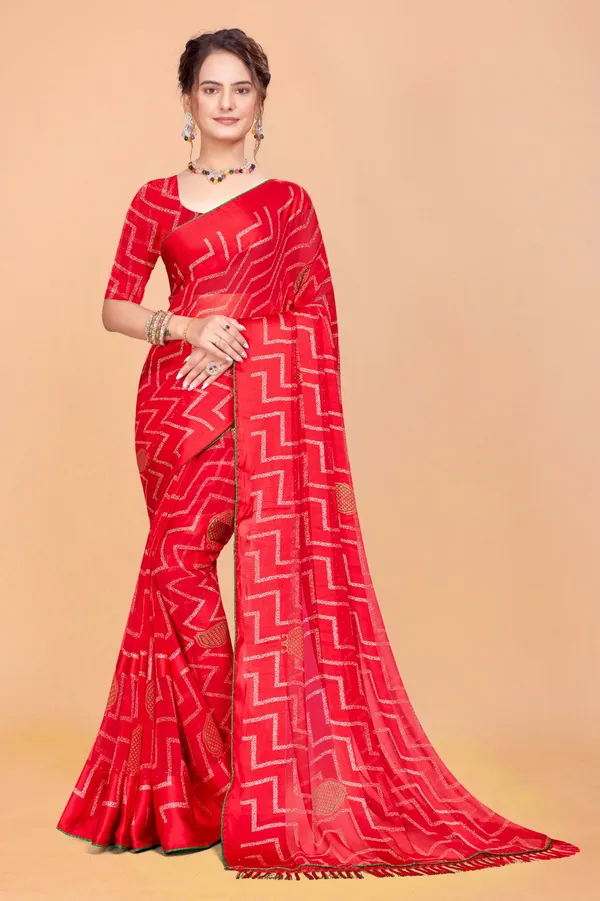 Red_Georgette_Saree_With_Golden_Zigzag_Pattern_And_Sequin_Work