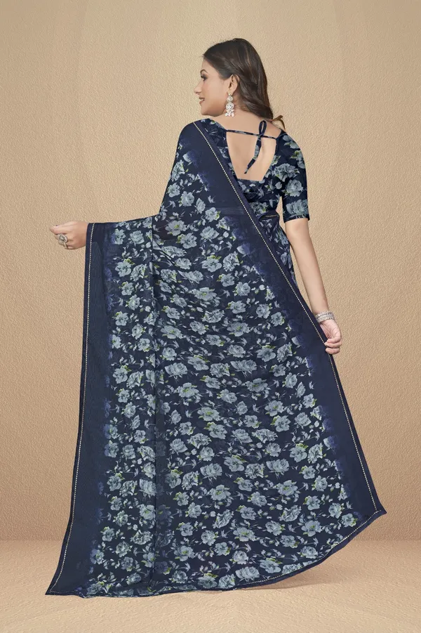 Navy_Blue_Floral_Printed_Saree_With_Matching_Blouse