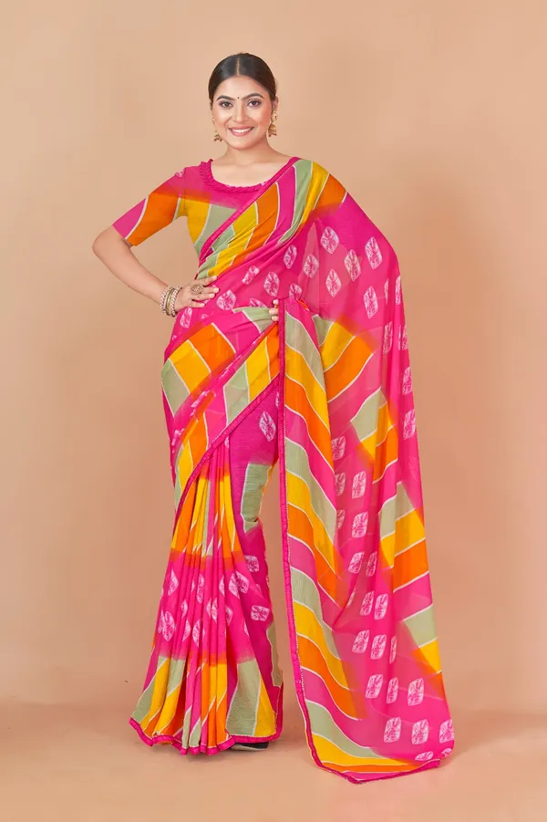 Vibrant_Pink_And_Yellow_Striped_Leheriya_Saree_With_Traditional_Motifs