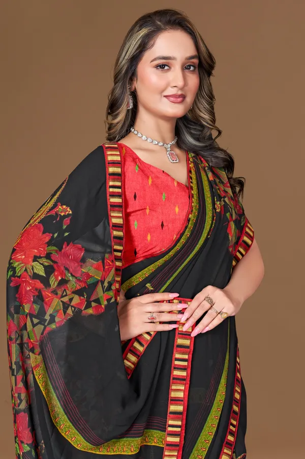Black_Floral_Print_Saree_With_Red_Blouse_And_Striped_Border