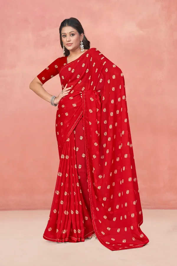Red_Foil_Print_Georgette_Saree_With_Blouse