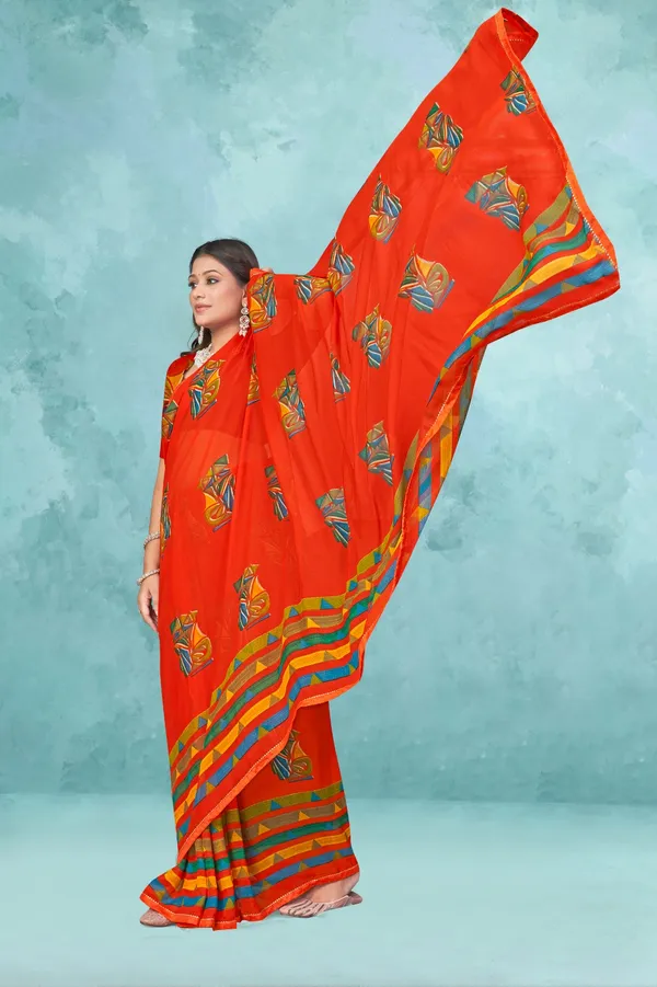 Vibrant_Orange_Printed_Saree_With_Multicolor_Border