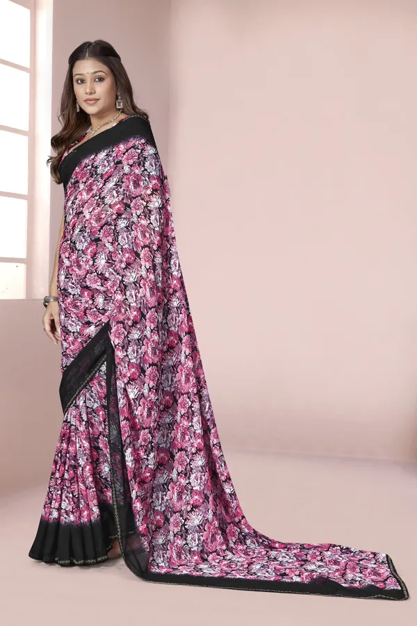 Pink_Floral_Print_Saree_With_Black_Border_And_Matching_Blouse