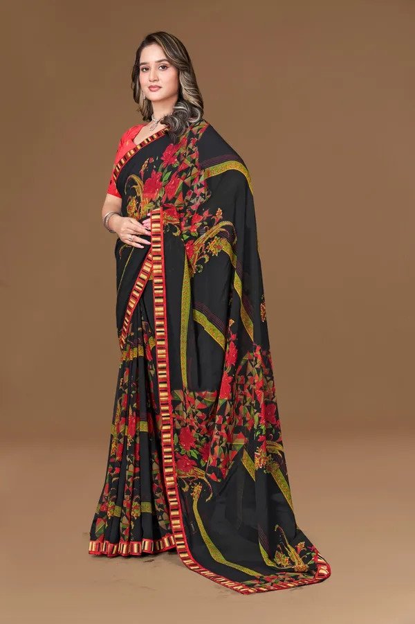 Black_Floral_Print_Saree_With_Red_Blouse_And_Striped_Border