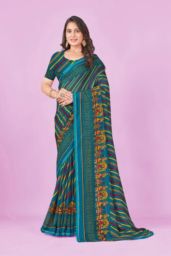 Teal_Multicolor_Striped_Printed_Saree_With_Blouse