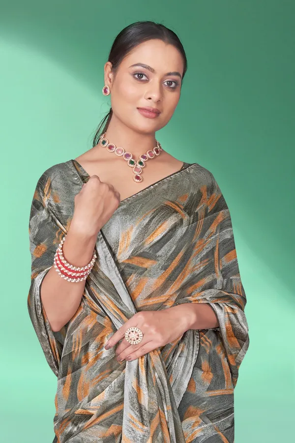 Grey_&_Orange_Printed_Linen_Saree_With_Tassels
